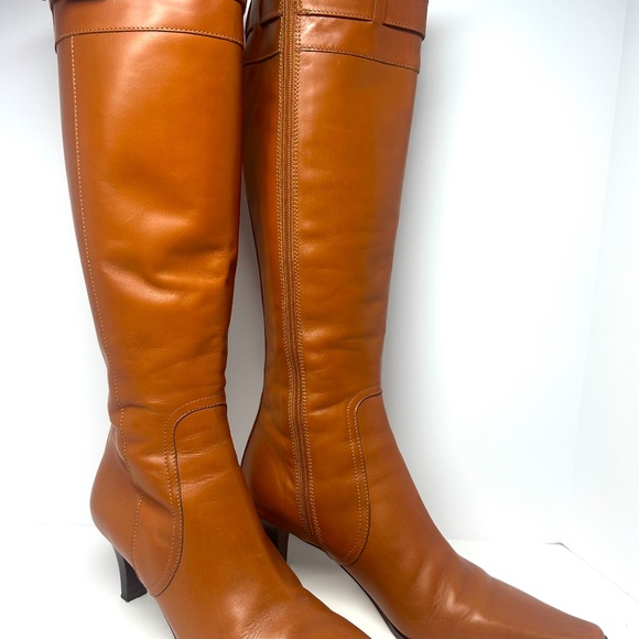 EUC Coach Adrianna Tan Tall Leather Pointed Toe Platform  Buckle Boots 8.5 B - Picture 1 of 12